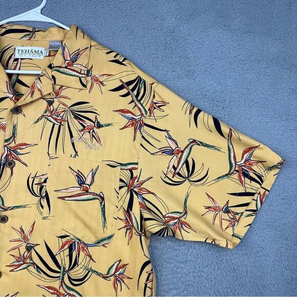 Tehama Clint Silk Shirt Mens Large Yellow Hawaiian Floral Beach White Witch Logo - Picture 5 of 16